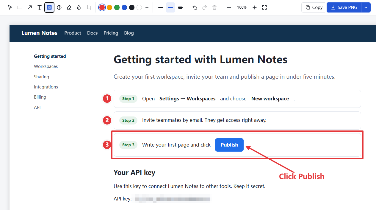 PlainCapture editor with annotations on a full-page screenshot